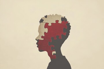 Minimalist silhouette of a human head with puzzle pieces in red and beige symbolizing cognitive processes problem solving and the diverse aspects of mental health in a simple yet powerful design