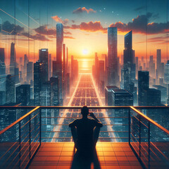 Obraz premium Sunset cityscape with a lone figure overlooking skyscrapers