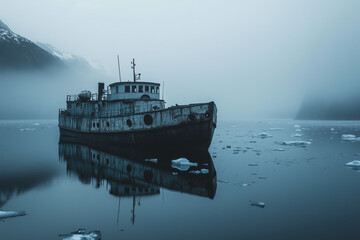 Old Iron Ferry Drifting Through a Silent Fjord with Ice Shards