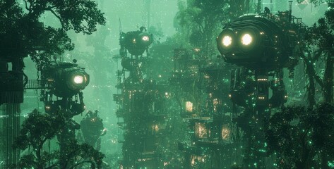 Futuristic Cityscape with Green Lights and Trees