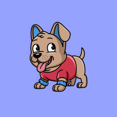 A cartoonish illustration of a dog with a tan coat, blue ears, and a playful expression