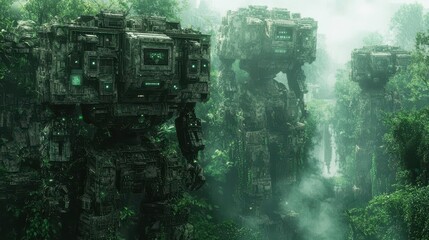 Ancient Robotic Ruins in Lush Jungle with Fog