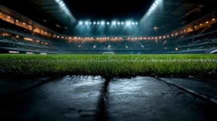 Green Grass Pitch Close up with Blurred Stadium Background