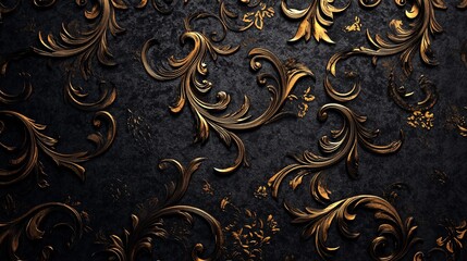 Black background with gold embossed patterns, adding depth and richness