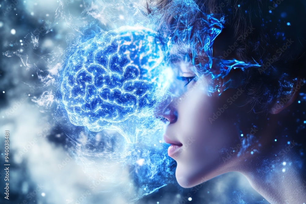 Poster futuristic depiction of a woman with a glowing brain surrounded by neural connections symbolizing ar