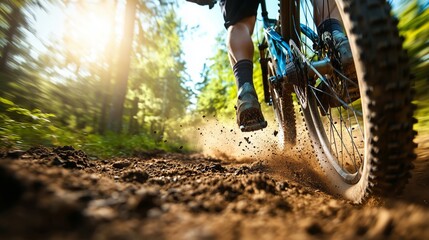 Naklejka premium Mountain Biking Adventure Close up of Wheel on Trail