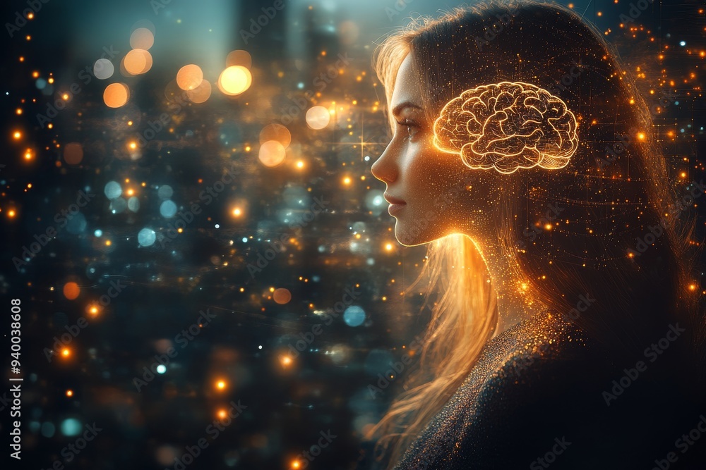 Poster futuristic illustration of woman with glowing brain surrounded by digital data and neural connection