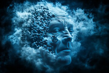 Abstract digital illustration of an elderly mans head dissolving into cloud like particles symbolizing memory loss cognitive decline and fragility of the human mind in surreal and poignant style