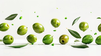 Green Olives Falling Across an Isolated White Background, Ripe Food and Culinary Studio Action Photography Harvest Backdrop, Restaurant Menu Wallpaper Cookbook Recipe Ingredient, Farm Fresh Design