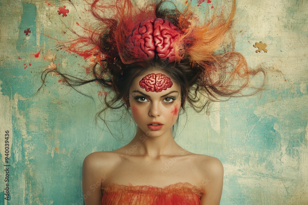 Poster whimsical and surreal portrait of a woman with a vibrant brain surrounded by swirling patterns symbo
