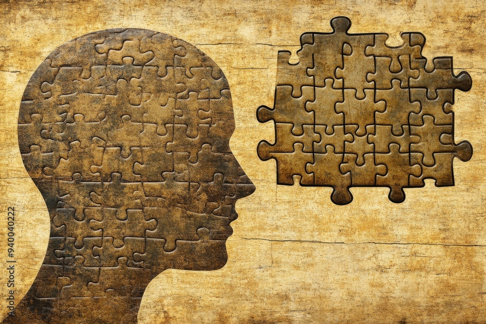 Poster rustic and textured illustration of two human heads with puzzle pieces symbolizing memory identity a