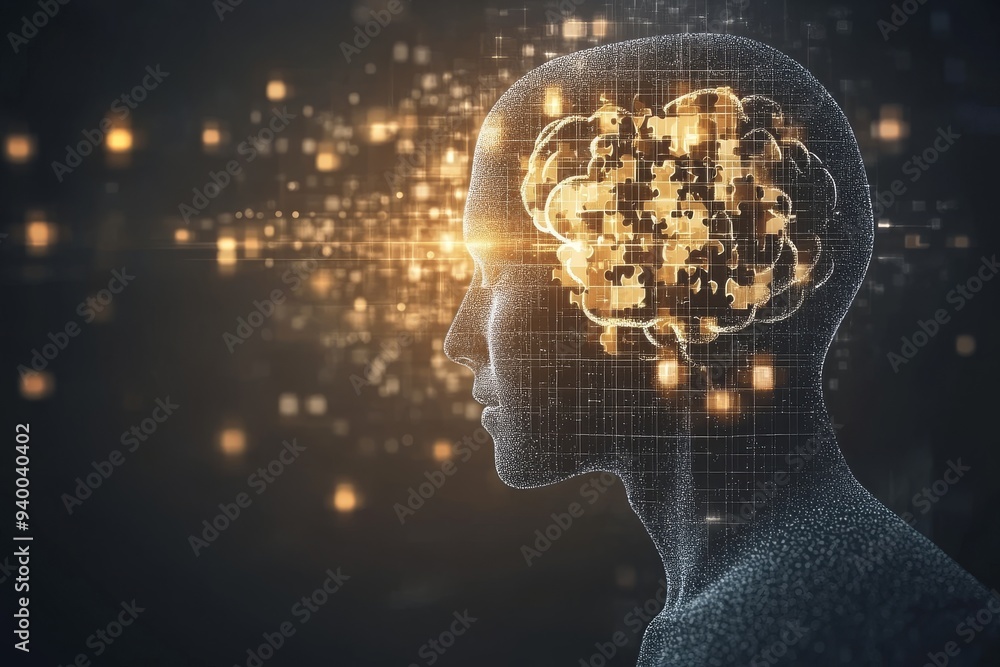 Aufkleber futuristic and modern illustration of a glowing brain composed of interconnected puzzle pieces symbo