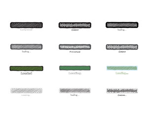 Collection Loading bar status icon. Vector illustration. Set of vector loaded icons. Download progress. Donload or Upload. Hand-drawn sketch-scribble.