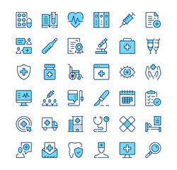 Medicine icons. Outline symbols. Vector blue line icons set