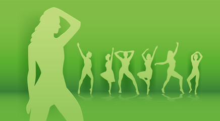 Dancing silhouettes green background paper cut style. Group of dancing figures in various poses against a green gradient backdrop. Website design banner