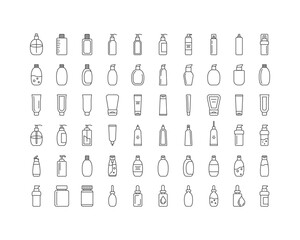 Collection vector icons of beauty, cosmetics and care. Bottle, jar, shower gel, face cream, body lotion, spray, ointment, paste.