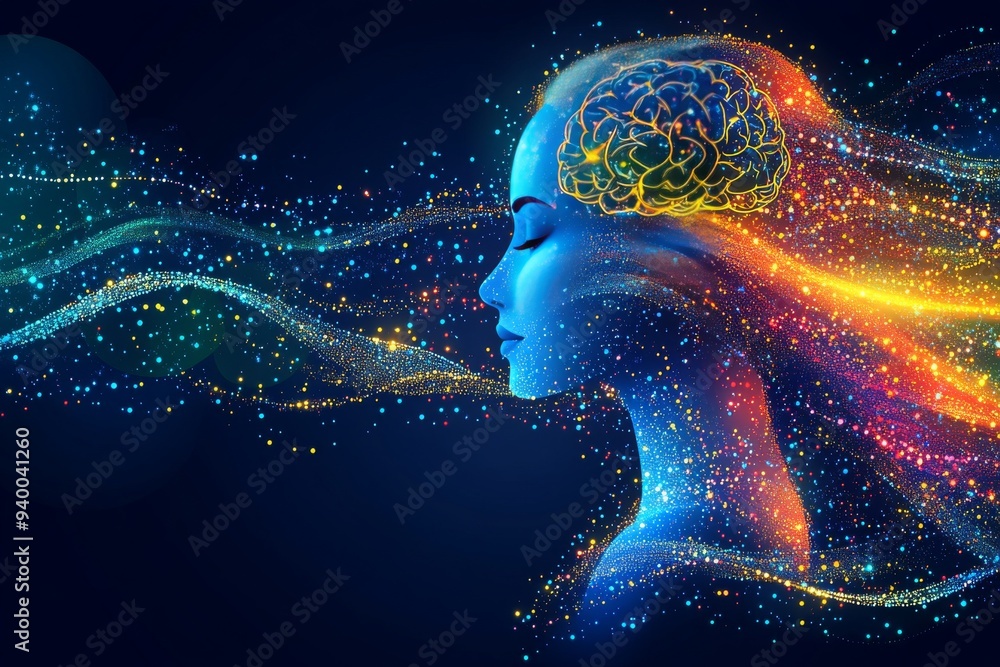 Poster futuristic vibrant illustration of woman with glowing brain and flowing neural pathways symbolizing 