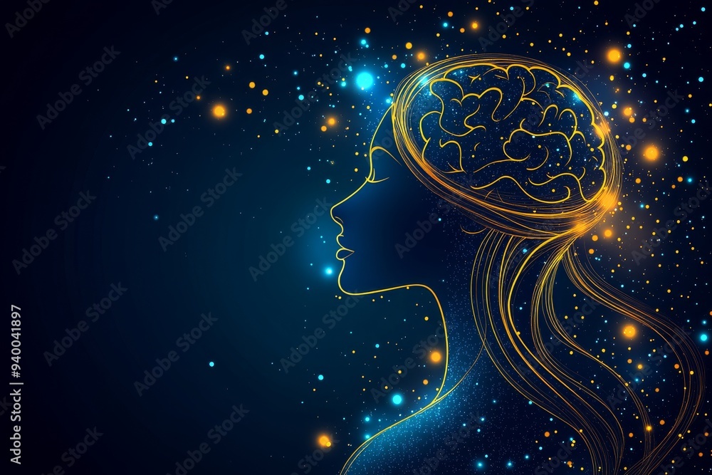 Poster futuristic and minimalist profile of a woman with a glowing brain symbolizing artificial intelligenc