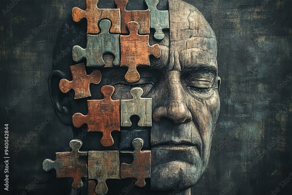 Poster portrait of an elderly man with puzzle pieces forming his face symbolizing memory identity and the c