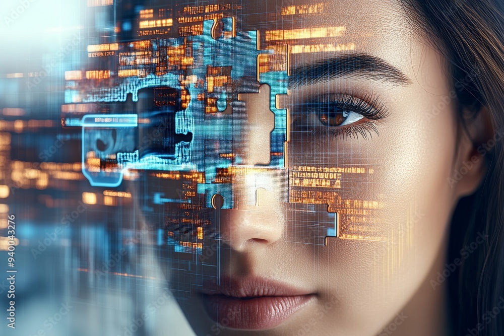 Poster futuristic and high tech portrait of a woman with a digital interface overlay symbolizing technology
