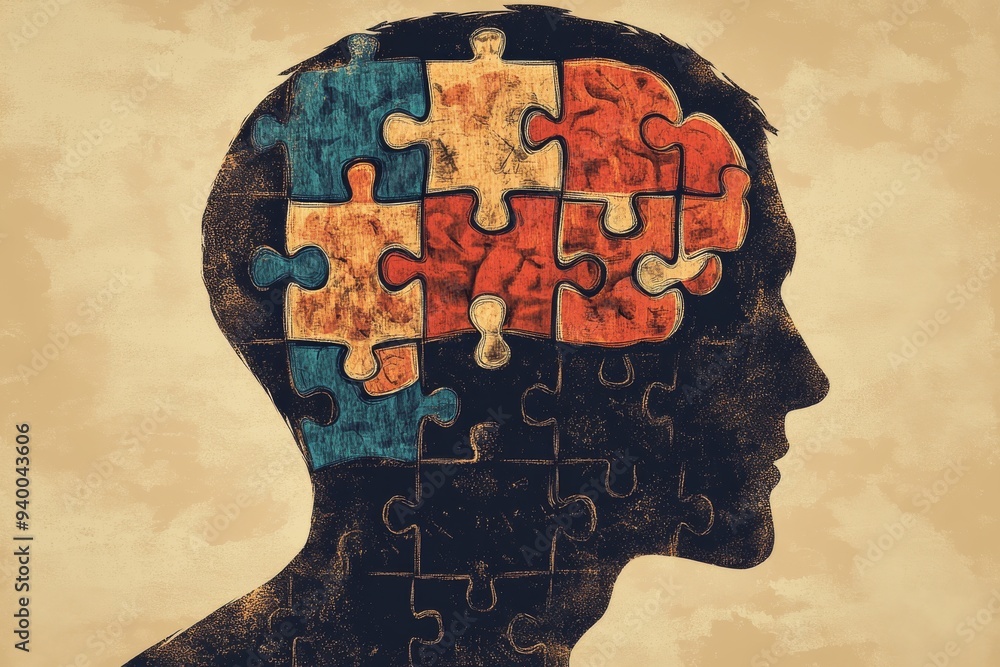 Poster rustic and artistic profile of a human head composed of puzzle pieces symbolizing identity memory an