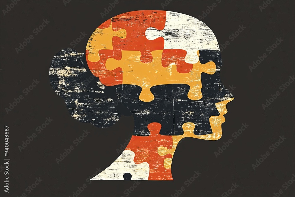Poster rustic and artistic profile of a human head with puzzle pieces symbolizing memory identity and the c