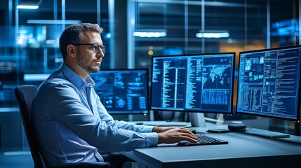 Efficient Leadership: A Modern Team Leader's Minimalist Desk Setup with Multiple Monitors, Soft Lighting and a Calm Work Atmosphere