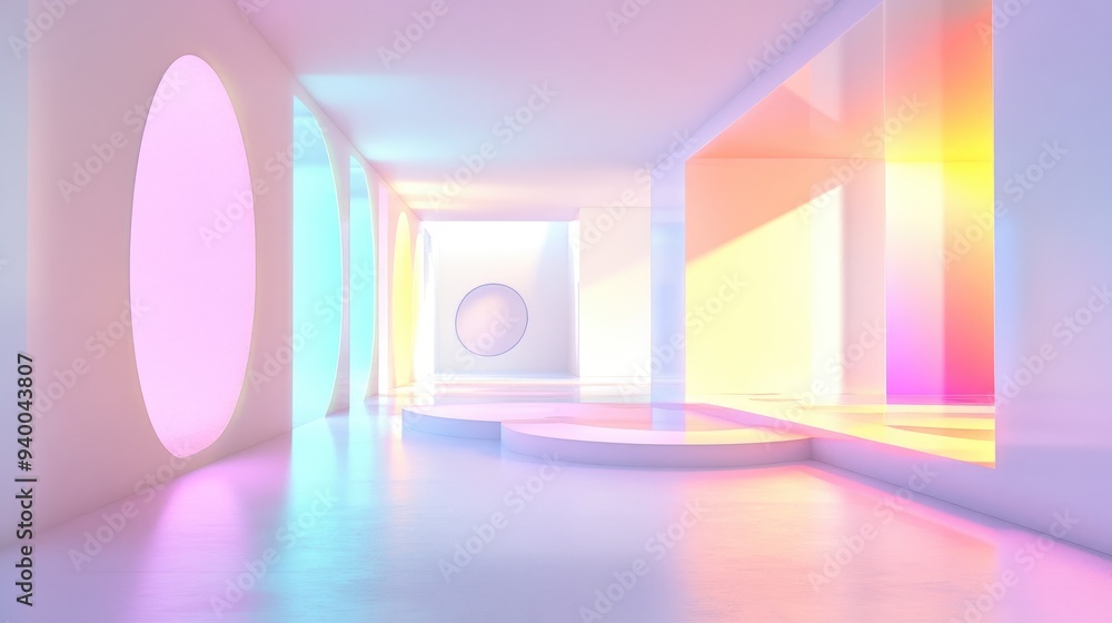 Poster abstract architectural background featuring a white interior with discs and colorful gradient neon l