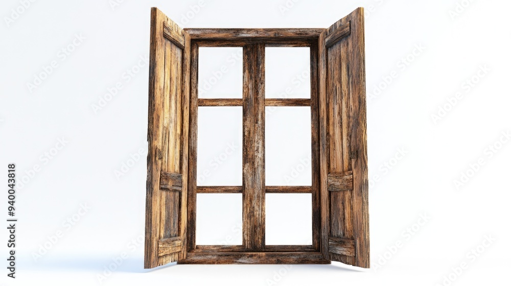 Poster 3D rendering of an isolated old wooden window opening on a white background