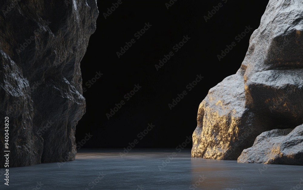 Aufkleber 3d rendering of black copy space adjacent to a rock formation within a cave