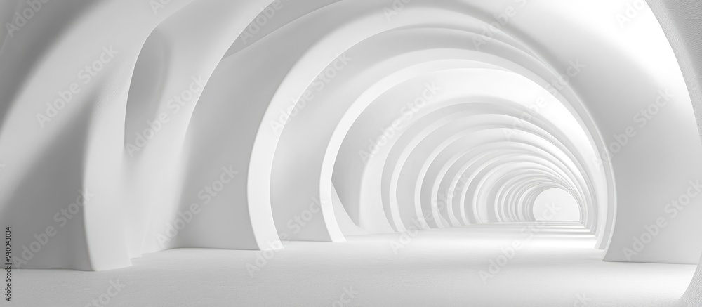 Poster 3D rendering of a completely white monochrome tunnel structure with an abstract backdrop