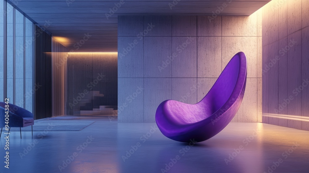 Poster minimalist abstract interior featuring a violet sculpture illuminated from behind 3d rendering of an