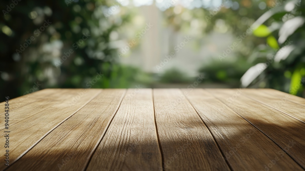 Aufkleber 3d rendering of a close up view of a wooden table with a blurred background