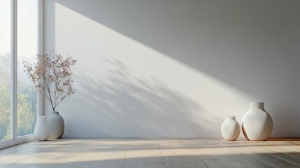 Minimalist interior of a white empty room featuring vases on a wooden floor decor on a large wall and a white landscape visible through the window 3D rendering of a nordic home environment