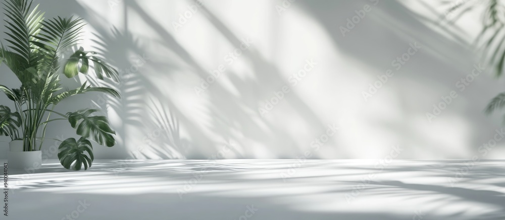 Poster Abstract white studio background for product presentation featuring a 3D rendering of an empty room with shadows of flowers and palm leaves providing ample copy space and a blurred backdrop