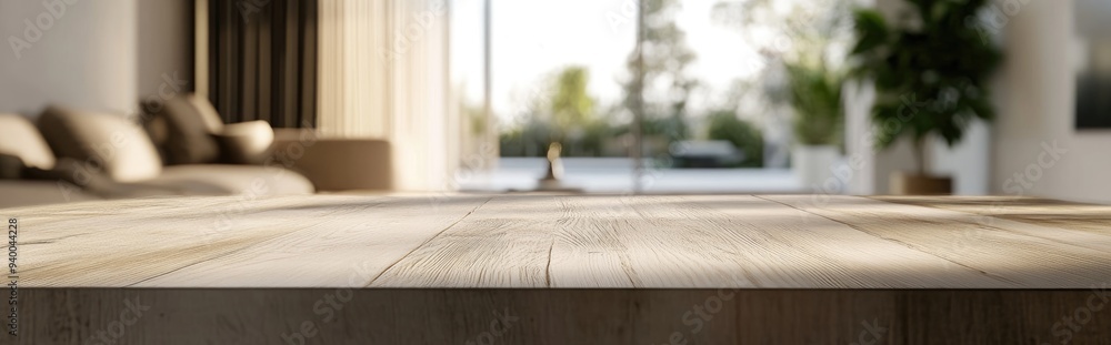 Poster 3d rendering of a tabletop with a blurred interior background