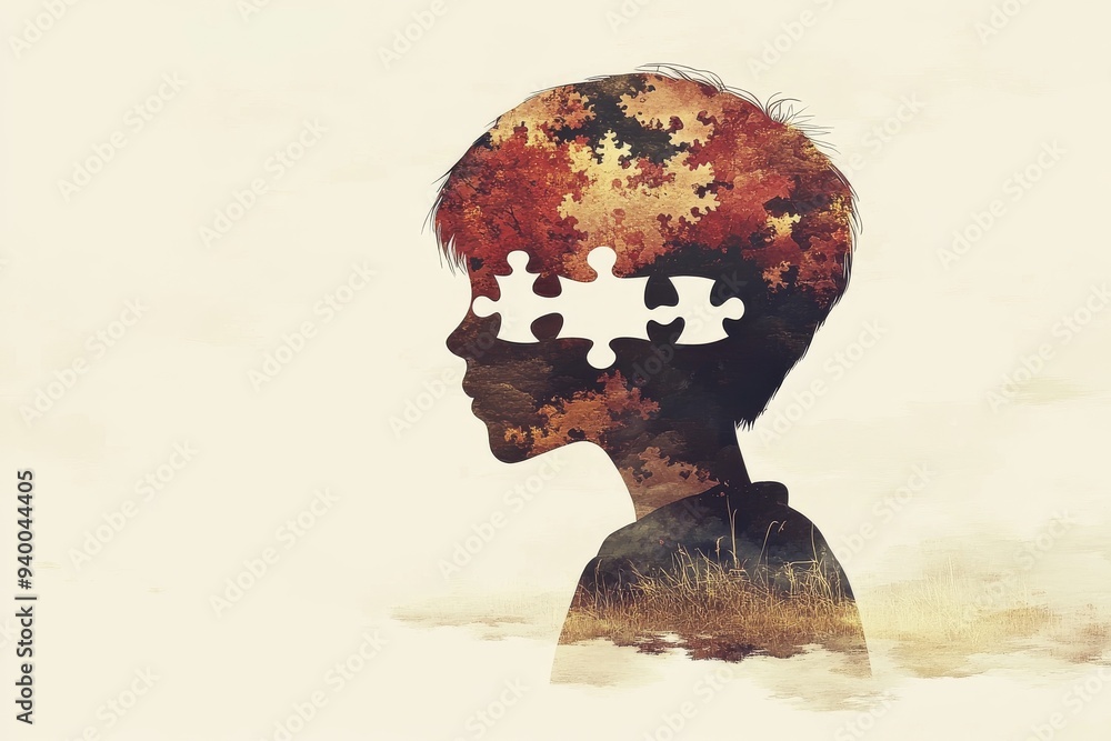 Poster rustic and textured profile of a child with puzzle pieces missing from the head symbolizing identity