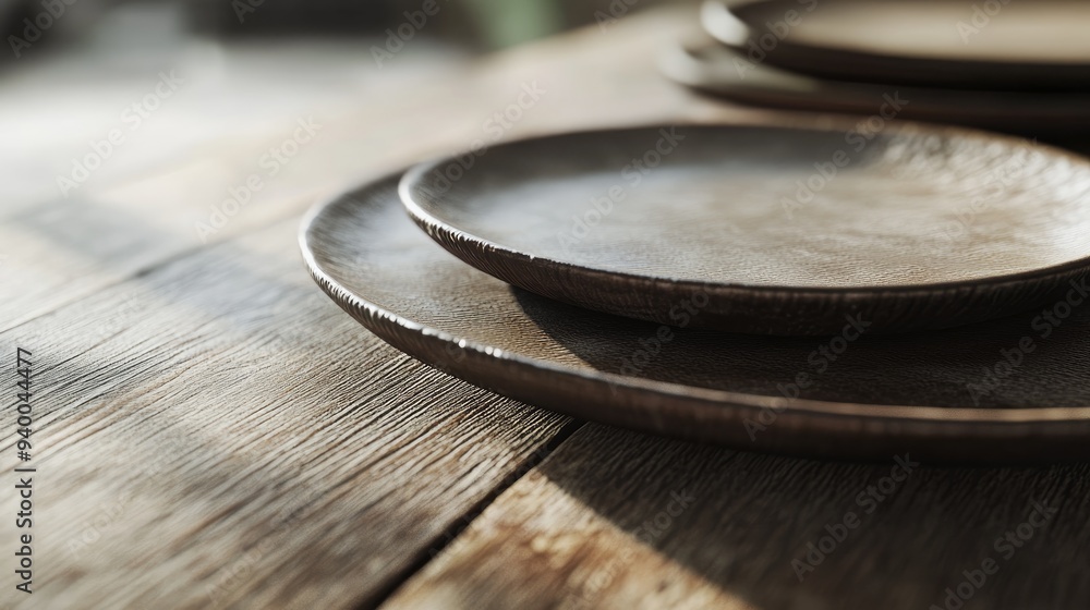 Poster 3d rendering of plates close up on a rustic style table