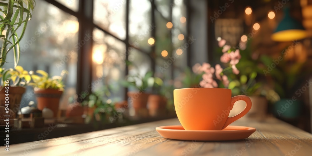 Poster 3d rendering of a cup of coffee in a relaxed cafe setting