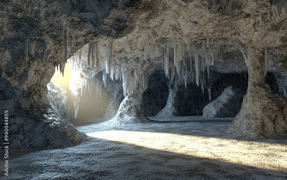 Aufkleber 3d rendering of light and shadow interplay on stalactites and limestone formations in a limestone ca