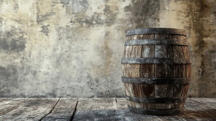 3D rendering of a barrel on a weathered wooden table background