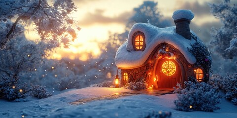 3D rendering of a lantern shaped house surrounded by snow featuring a candle