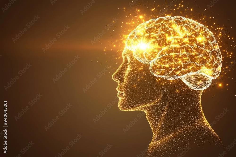 Poster futuristic and glowing profile of a man with a brain illuminated by golden neural connections symbol