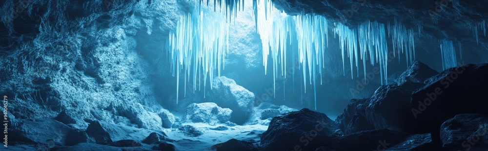 Aufkleber 3d rendering of ice stalactites in a cave setting