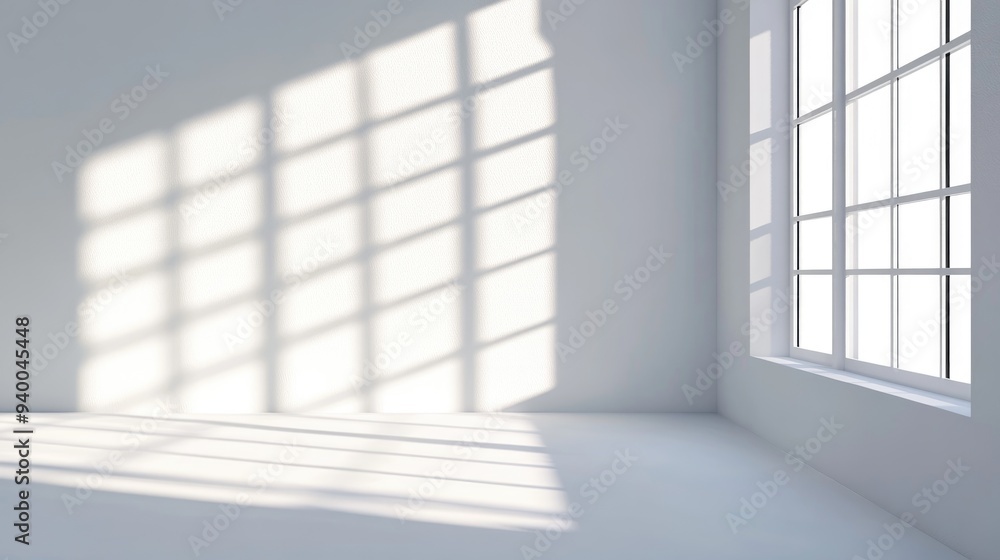 Poster 3d rendering of a window shadow cast on a white wall background
