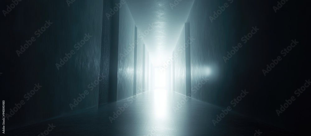 Poster 3d rendering of light emanating from the end of a dim corridor