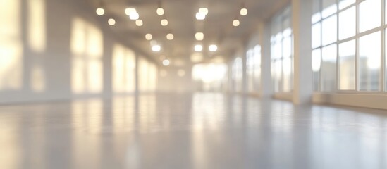 3D rendering of a blurred empty open office space with abstract light bokeh for design purposes