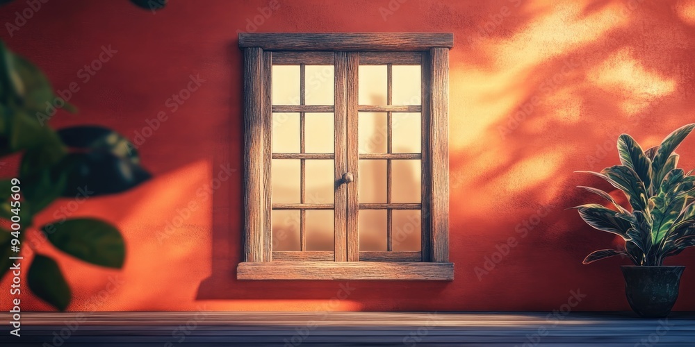Poster 3d rendering of a wooden window with an abstract background
