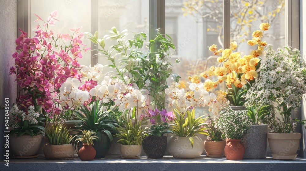 Poster 3d rendering of diverse plants and orchids displayed on a windowsill