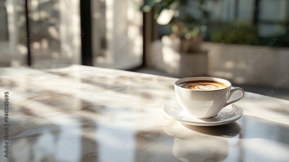 Poster 3d rendering of a table background with a coffee setting